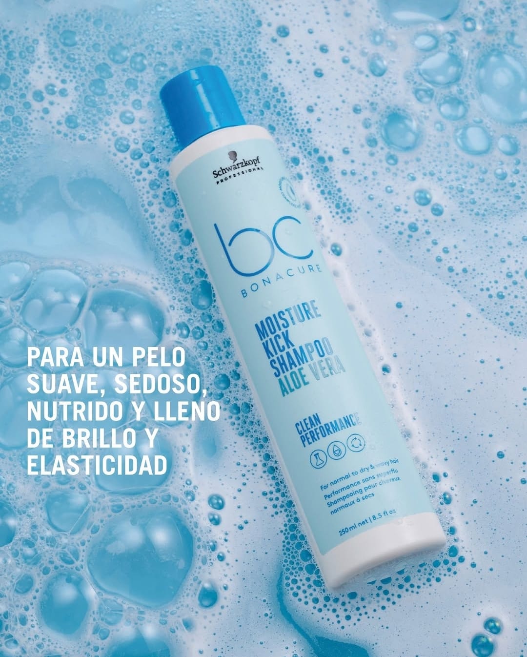 Shampoo Bonacure Moisture Kick sobre espuma azul