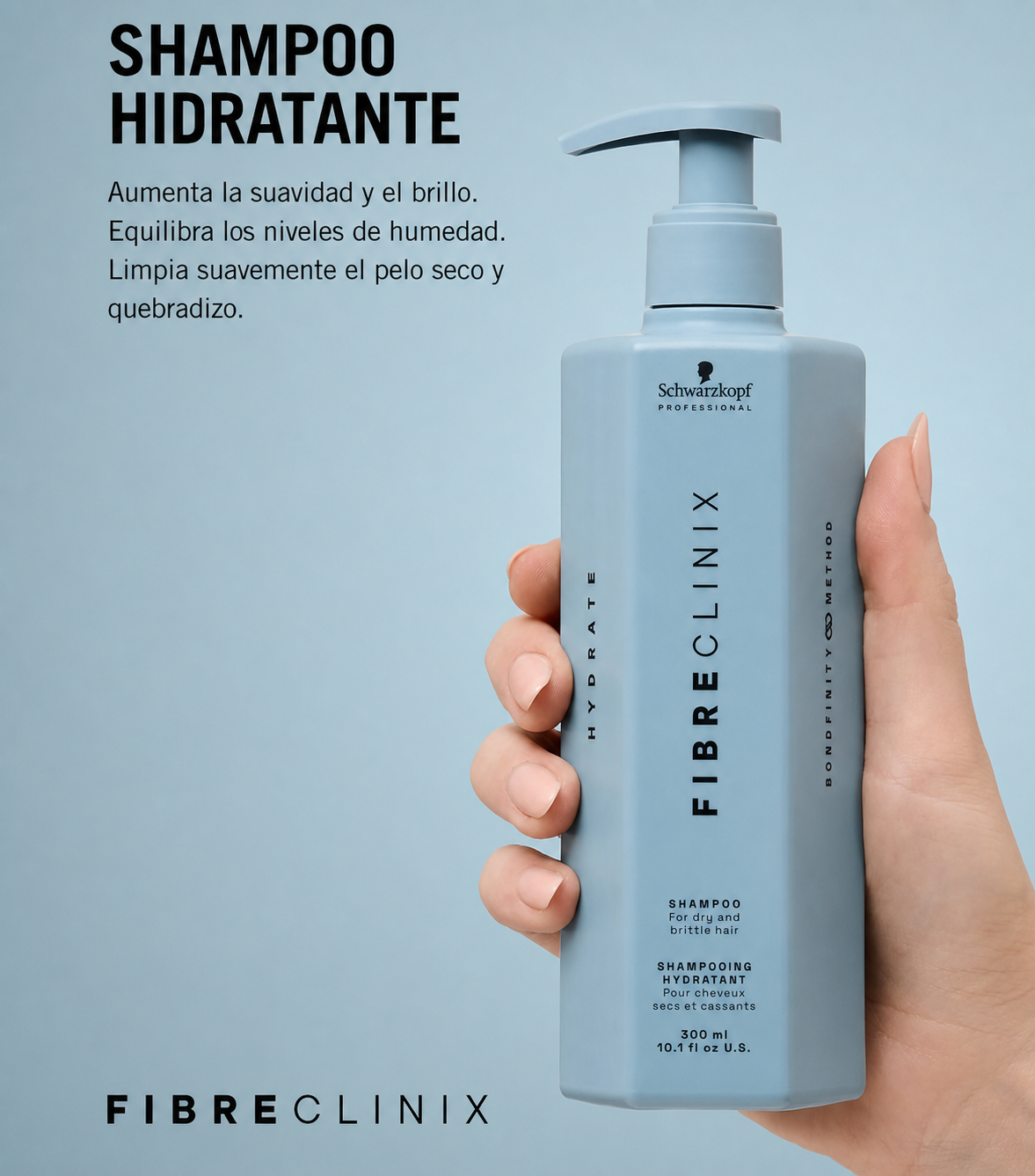 Shampoo hidratante Fibre Clinix Hydrate en empaque azul
